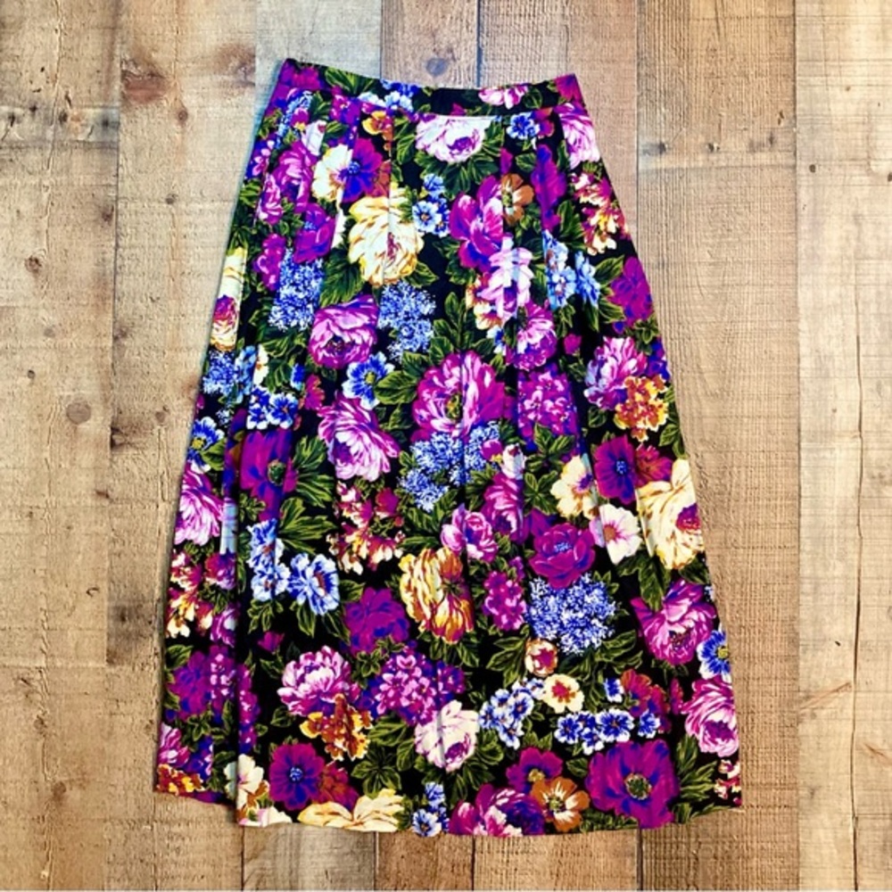 Sheridan‎ Square Vintage Floral Rayon Midi Skirt Purple Pink Small Made in USA